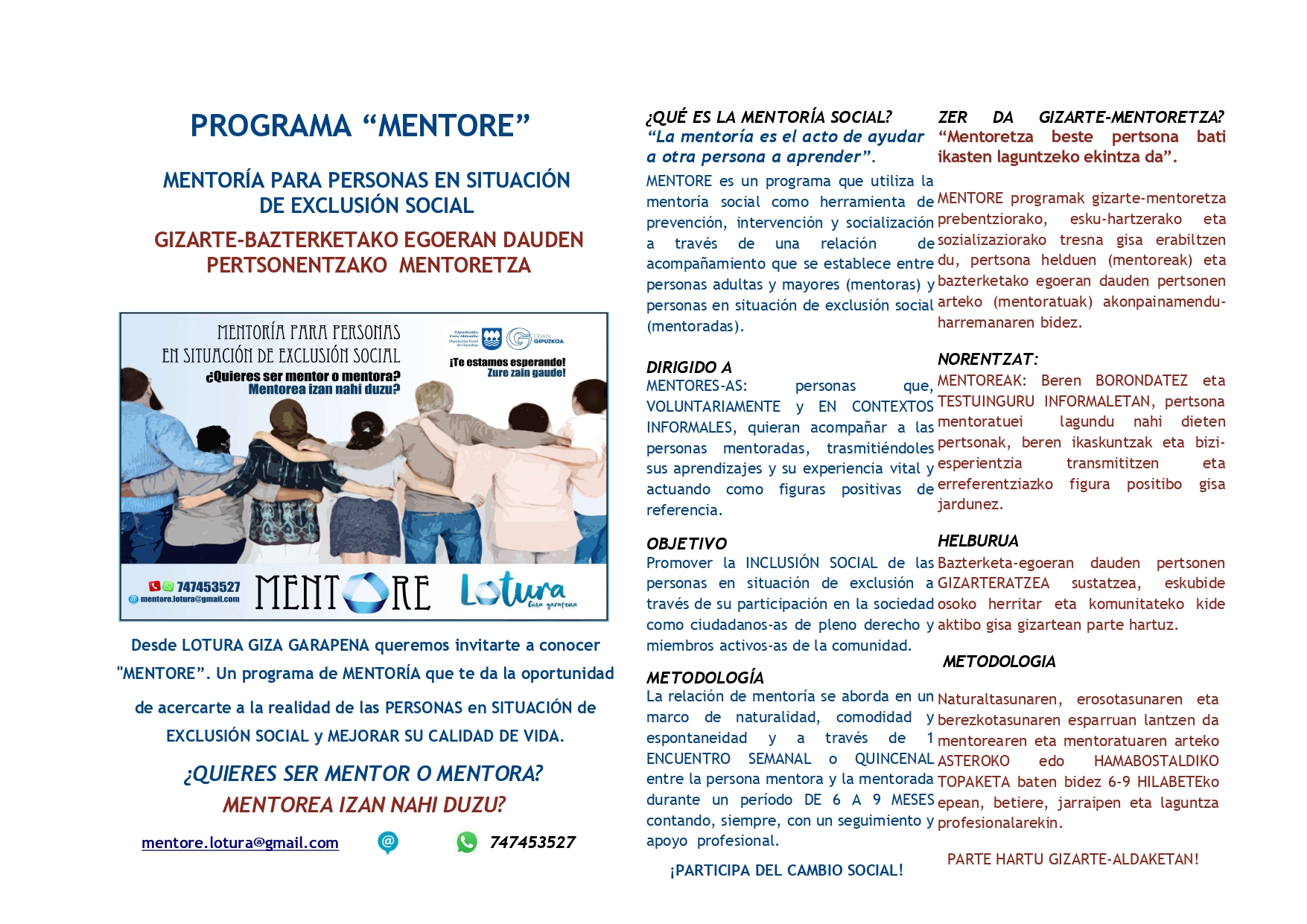 Programas de Mentoría Social y Laboral con personas en situación de riesgo  y exclusión social – Lotura Giza Garapena